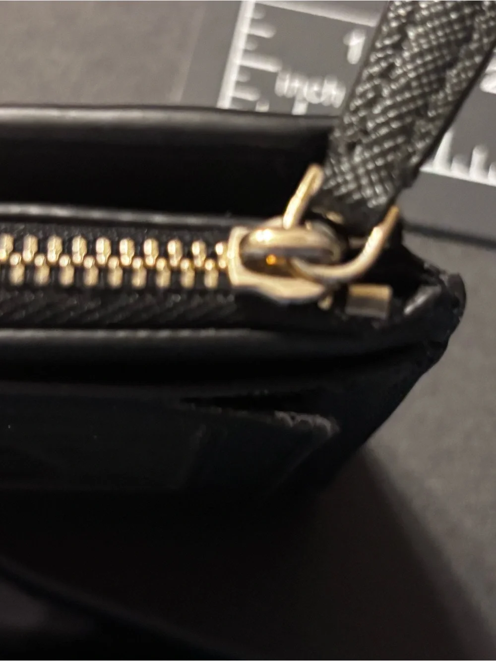kate‎ spade black zip card wallet gold logo damage noted-id slot See PHOTOS